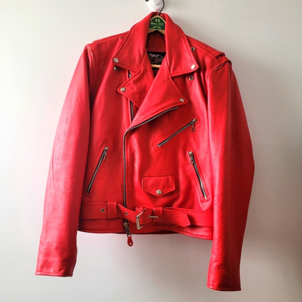 Vintage 80s Men's "Ash G" Red Leather Motorcycle Jacket.
